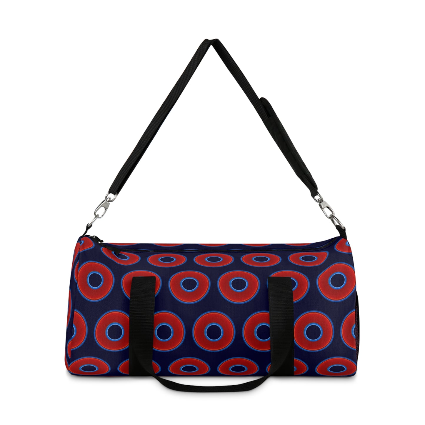 Lumpy Duffel - vivid red donuts w/midnight blue background