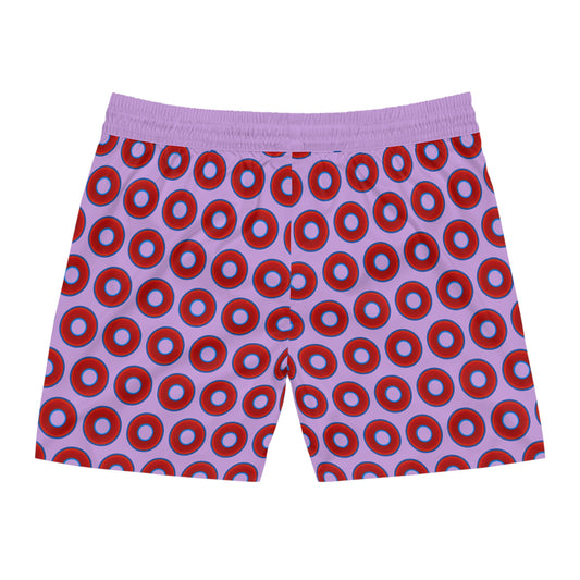 Men's Lumpy Swim Trunks - vivid red donut print w/wisteria purple background