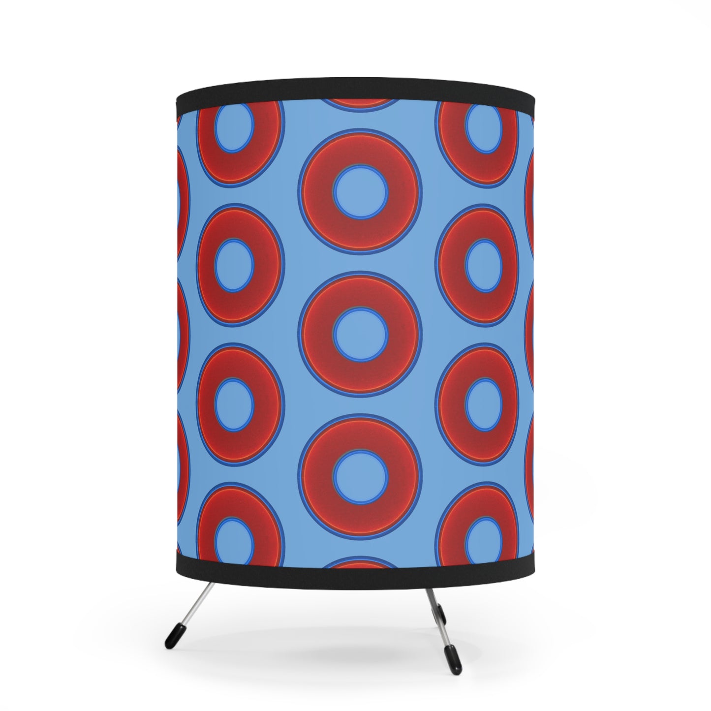 Lumpy Tripod Donut Lamp - vivid red donuts w/light blue background