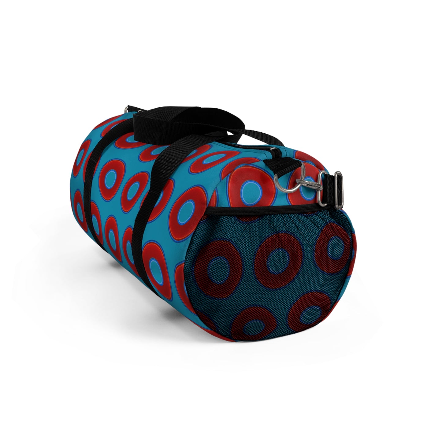 Lumpy Duffel - vivid red donuts w/aquamarine blue background