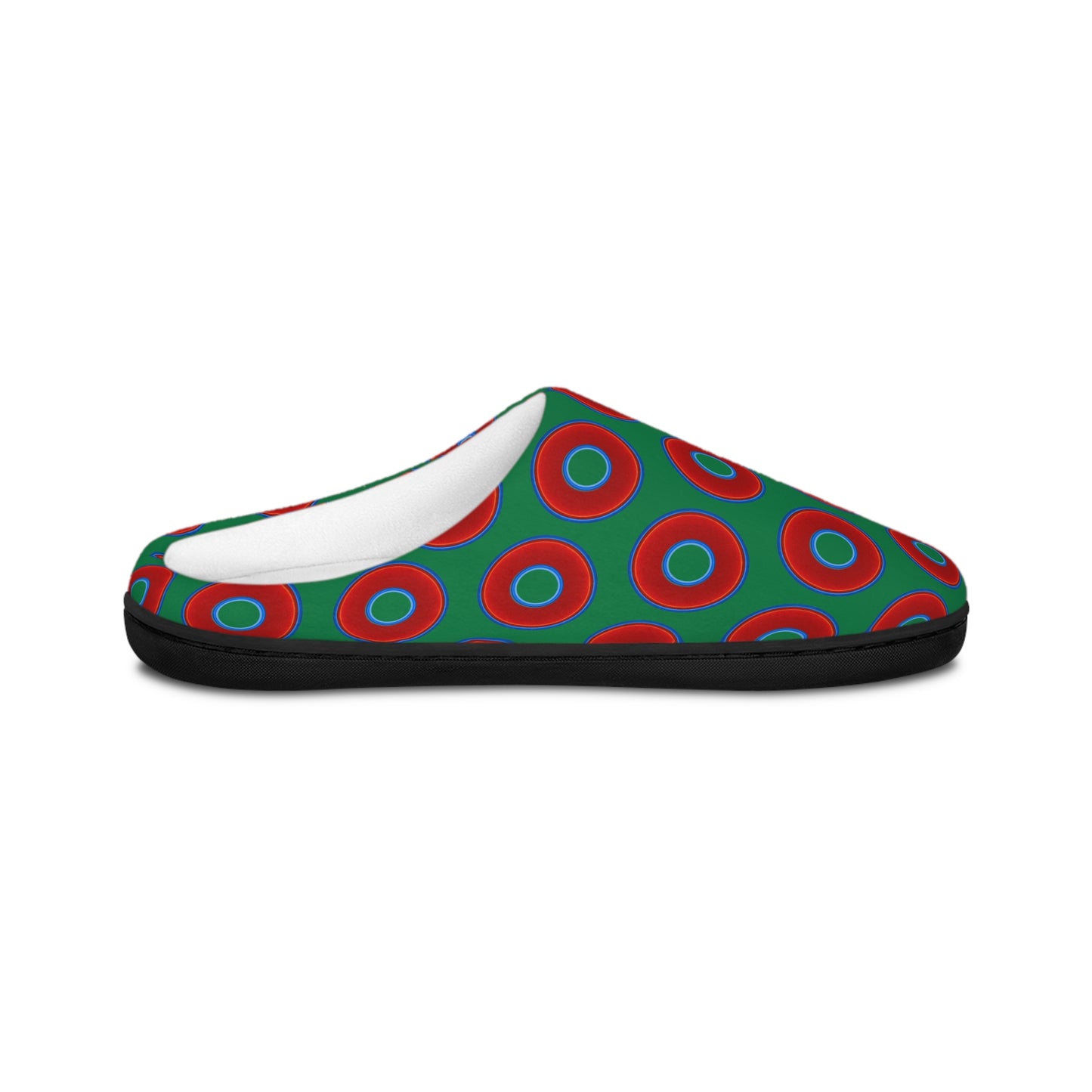 Women's Lumpy Slippers - red vivid donut print w/green background