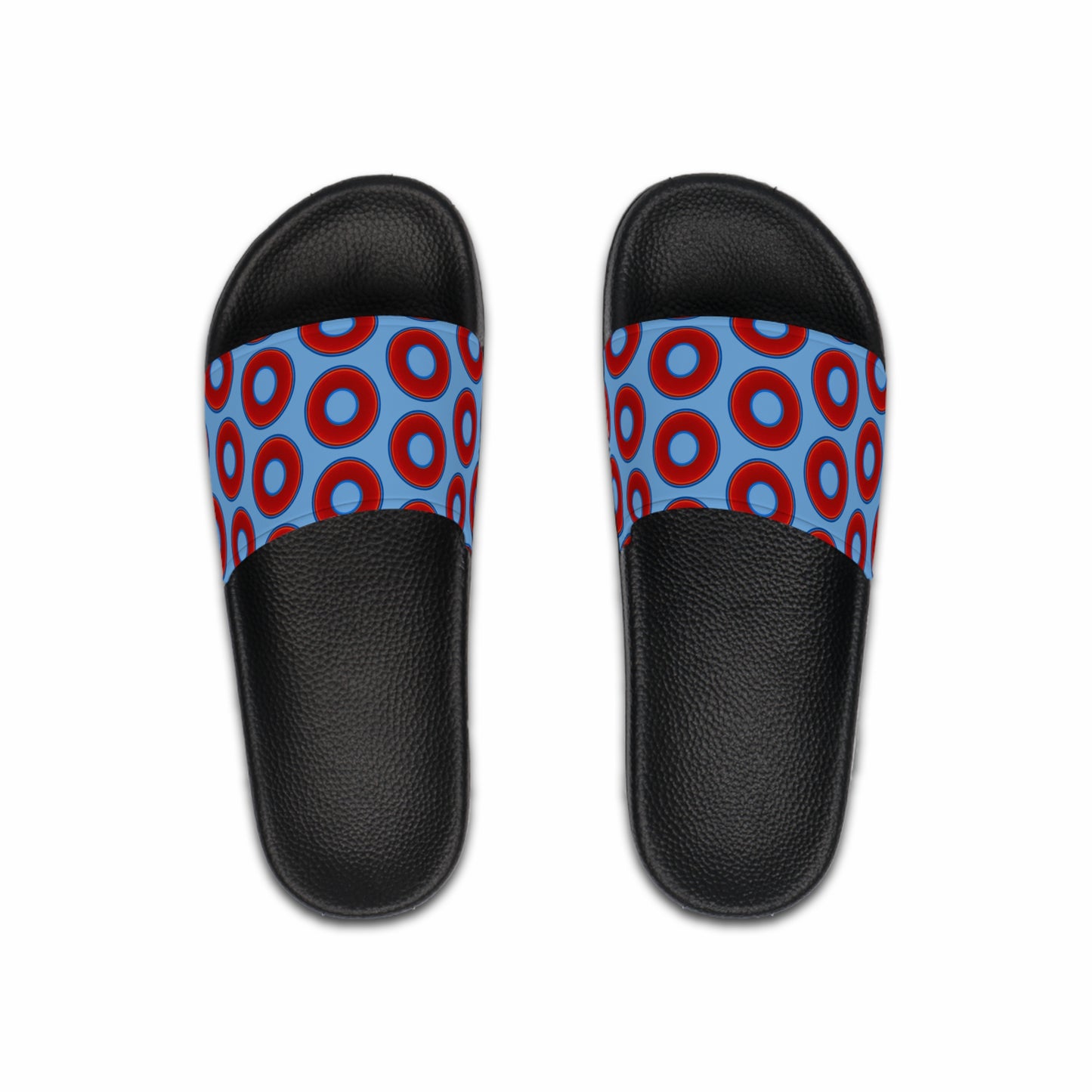 Men's Lumpy Sandals - slip-ons - red vivid donuts w/light blue background