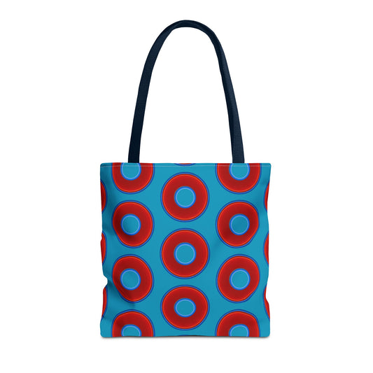 Lumpy Beach/Tote Bag - red vivid donuts w/aquamarine blue background