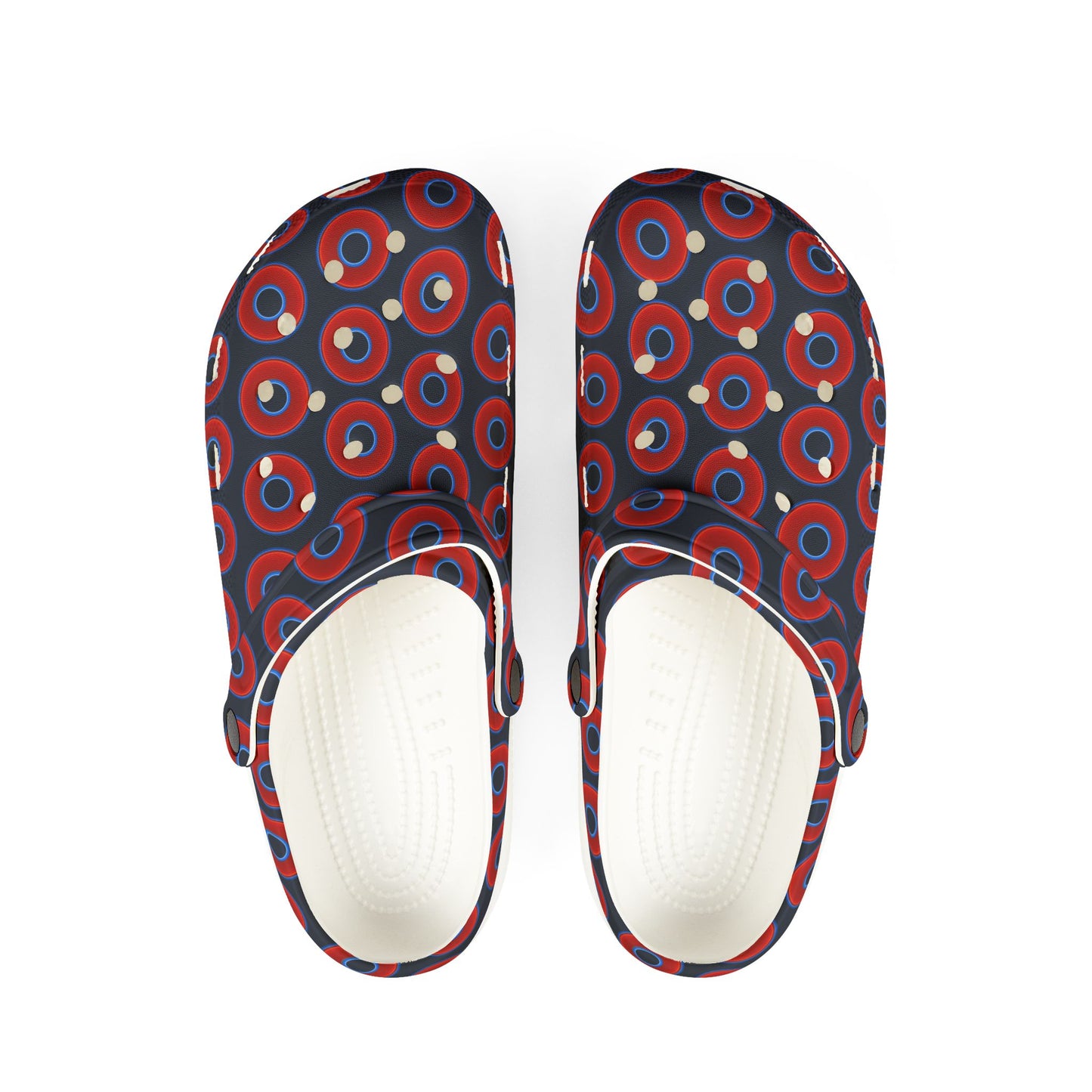 Spatchcocks - donut slip-on shoes - vivid red donuts w/midnight teal blue elite background [unisex]