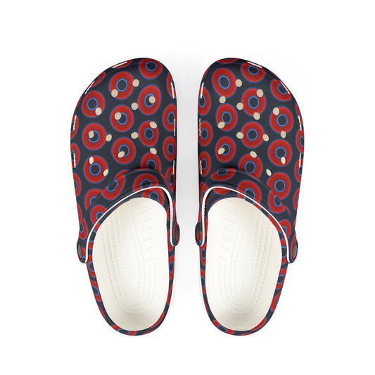 Spatchcocks - donut slip-on shoes - vivid red donuts w/midnight teal blue elite background [unisex]