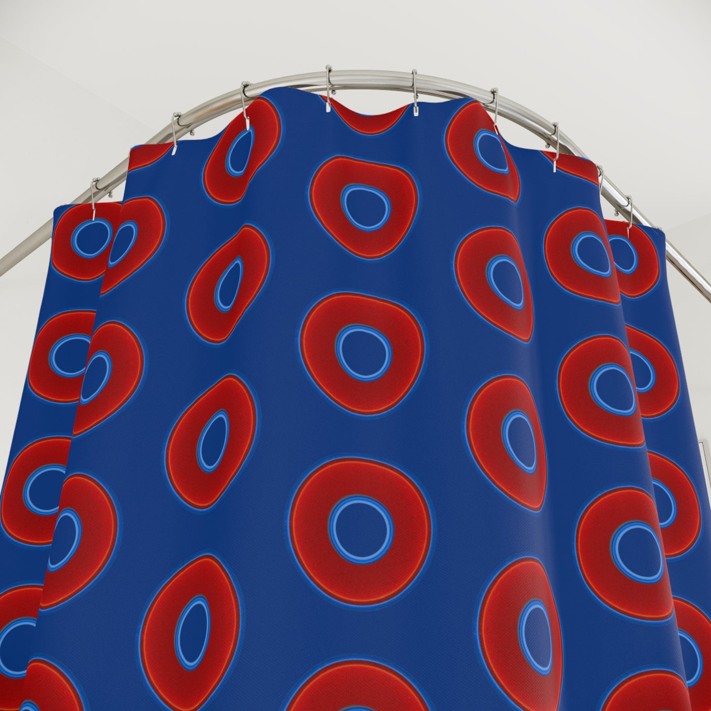 The Curtain With "Donuts" - Lumpy Bath Time Fun - vivid red donuts w/dark blue background