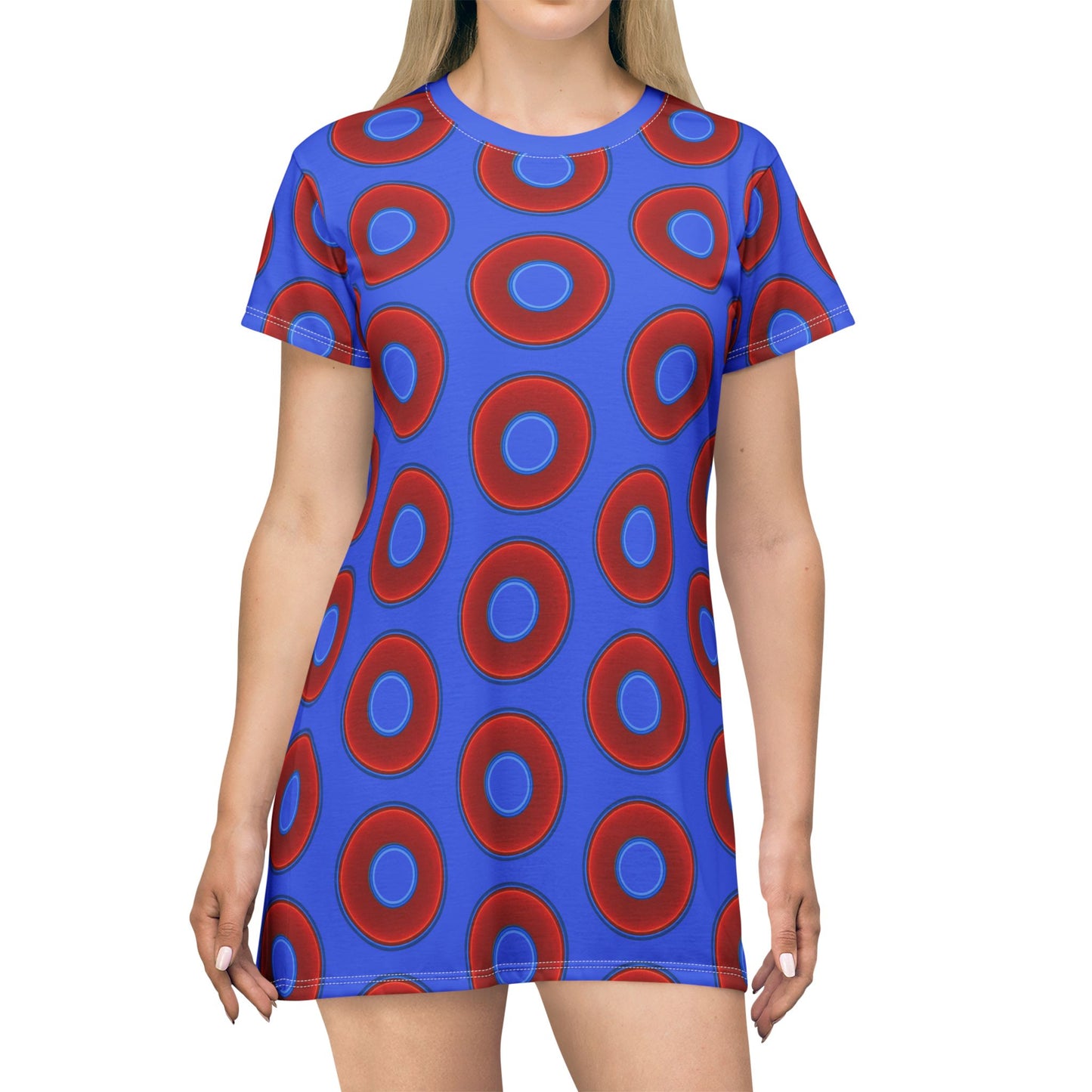 Not a Muumuu AOP Tee Shirt Dress - red vivid donuts w/royal blue background