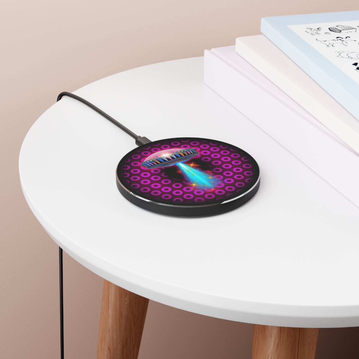 The Flow - Wireless Lumpy Donut Chargers - "They Have Wireless Charging on the Mothership Now" - paradoxical burgundy/magenta donut w/black background - variant 3