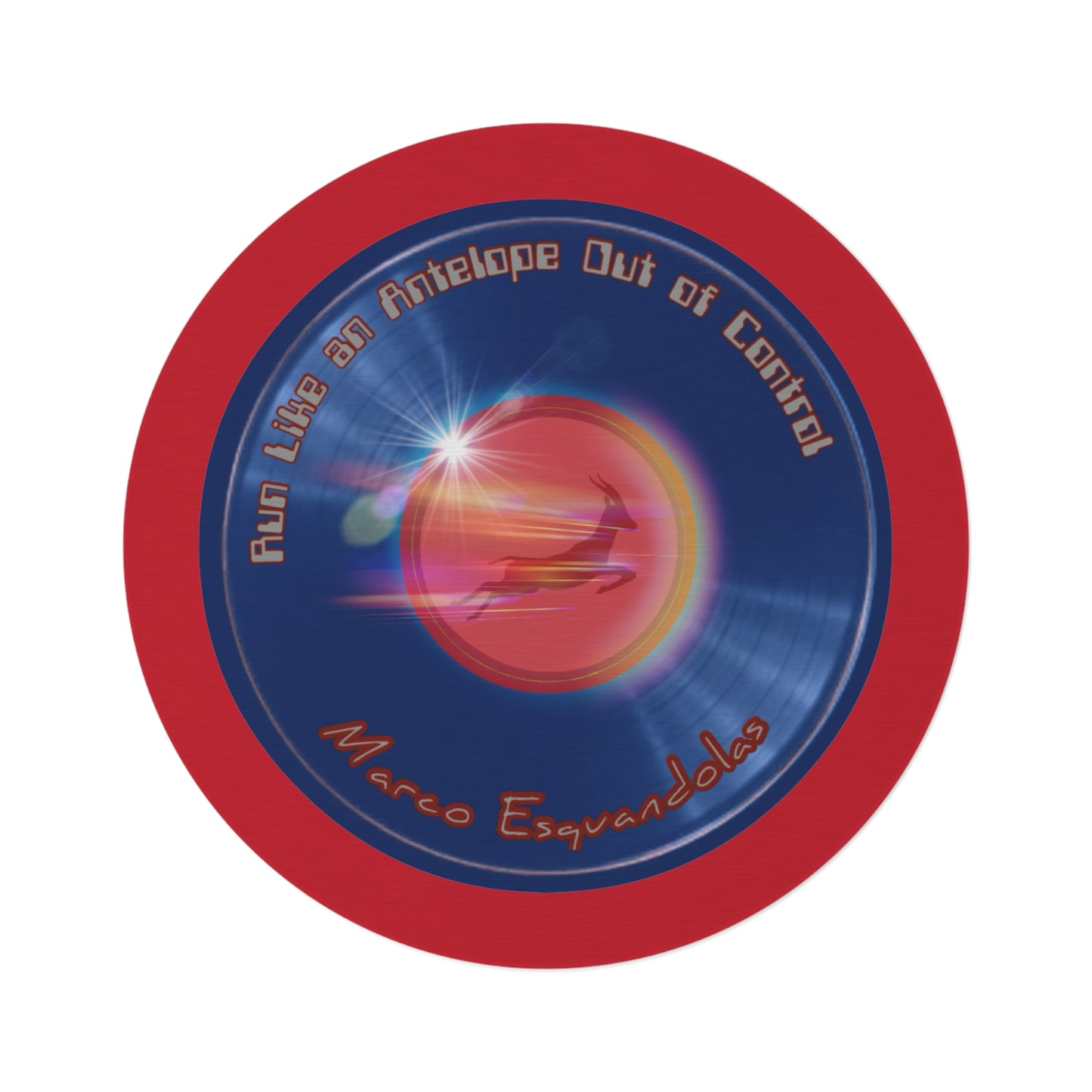 Round Room - 5 ft x 5 ft Lumpy Donut Rug - "Marco's Preferred Donut Rug" - vivid blue record donut w/dark red background