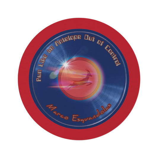 Round Room - 5 ft x 5 ft Lumpy Donut Rug - "Marco's Preferred Donut Rug" - vivid blue record donut w/dark red background