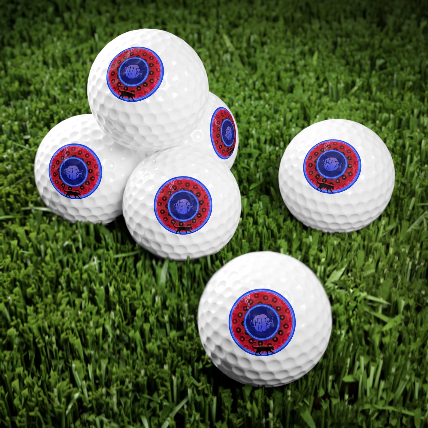 Lumpy Donut Golf Balls - 6-pack - "My Pet Cat's Better at Golf" - light royal blue/red donuts