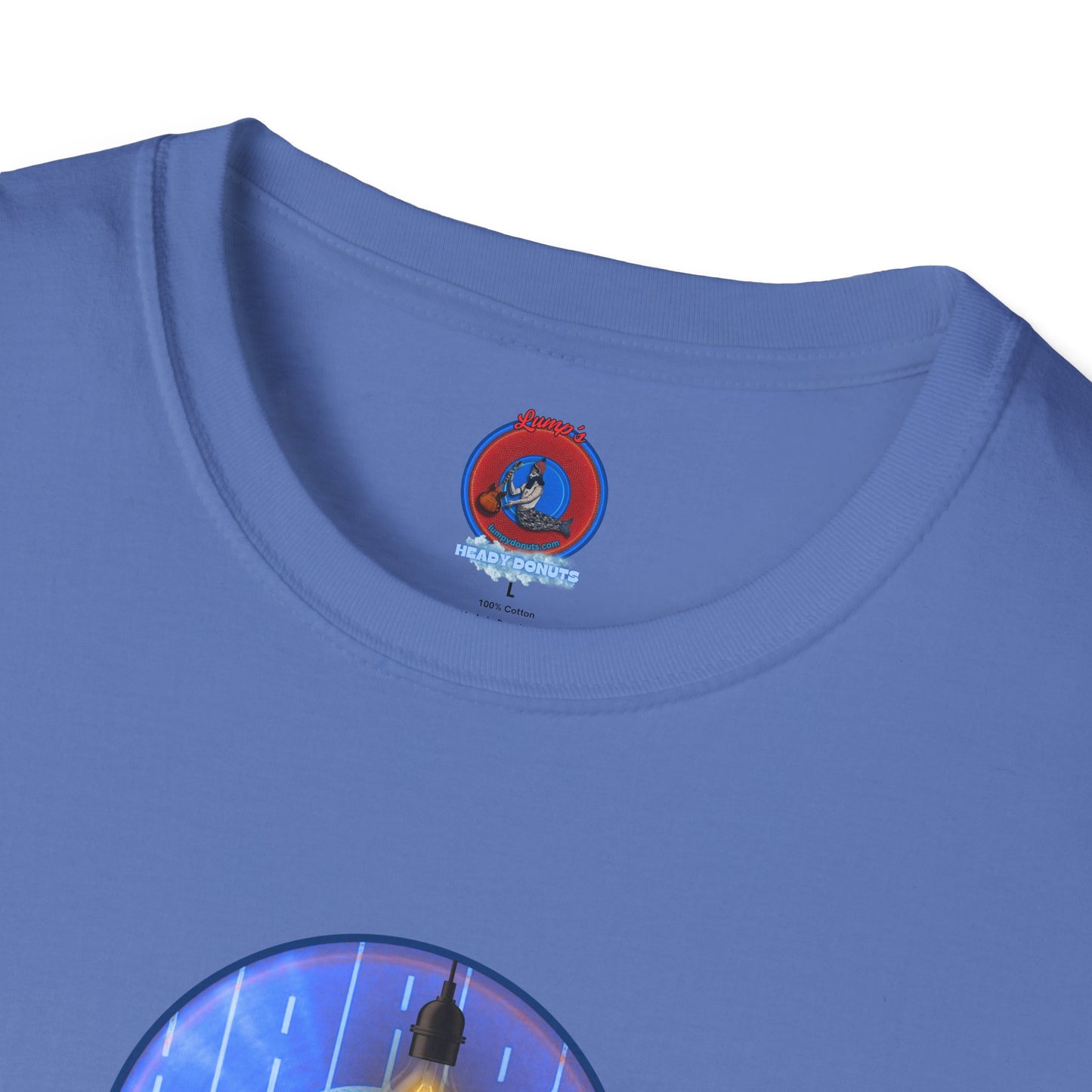 Classic Donut Tee - Unisex Soft-Style - "Harry Left His Donut Shirt" - series 1.0  - variant 4 - purple/blue donut - w/milk & light on