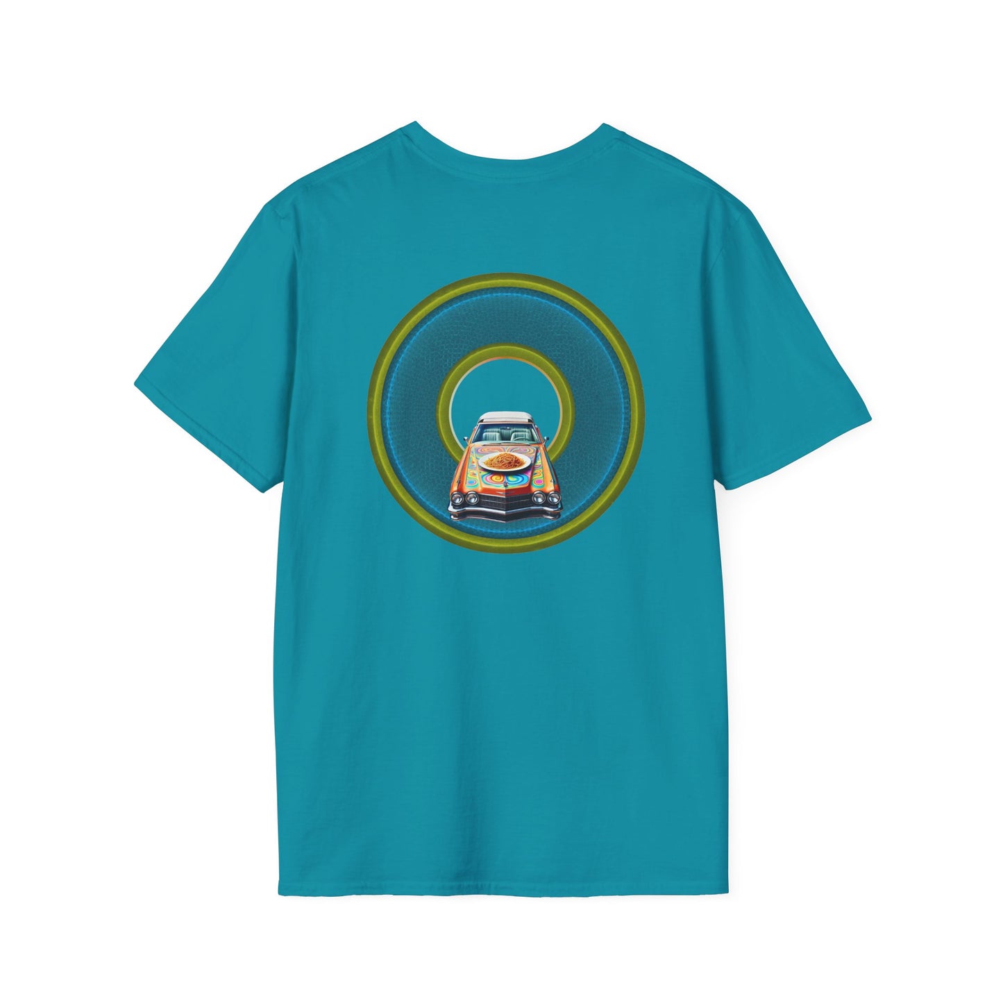 Classic Donut Tee - Unisex Soft-Style - "Cadillac Rainbow Spaghetti Incident" - series 1.0  - variant 1 - blue/green donut