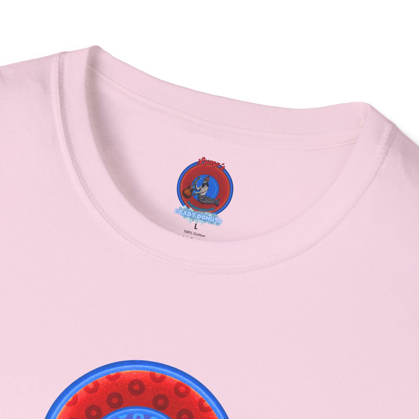 Classic Donut Tee - Unisex Soft-Style - "All You Can Eat Donut Platter" - red/blue paradoxical donuts