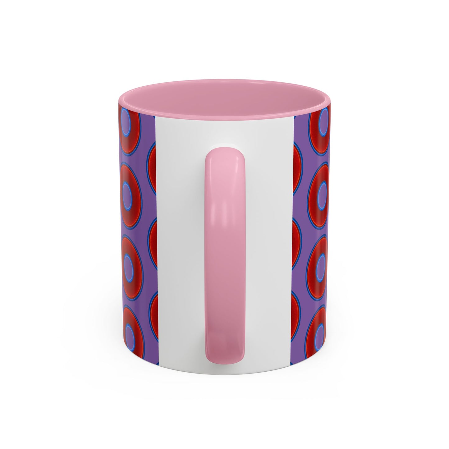 Lump's Grumpy Coffee Mug - vivid red donuts w/light purple background