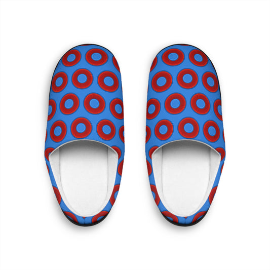 Women's Lumpy Slippers - red vivid donut print w/sky royal blue background