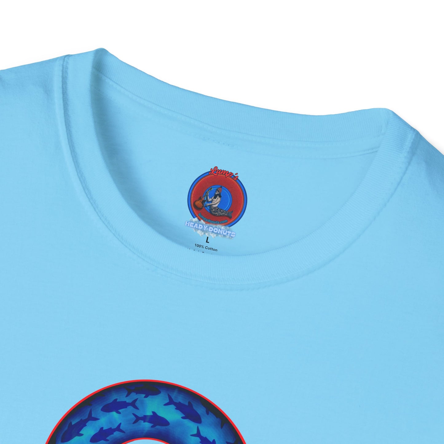 Classic Donut Tee - Unisex Soft-Style - "Skoolie of Phishies" - vivid sea donut - w/darker blue water - variant 2