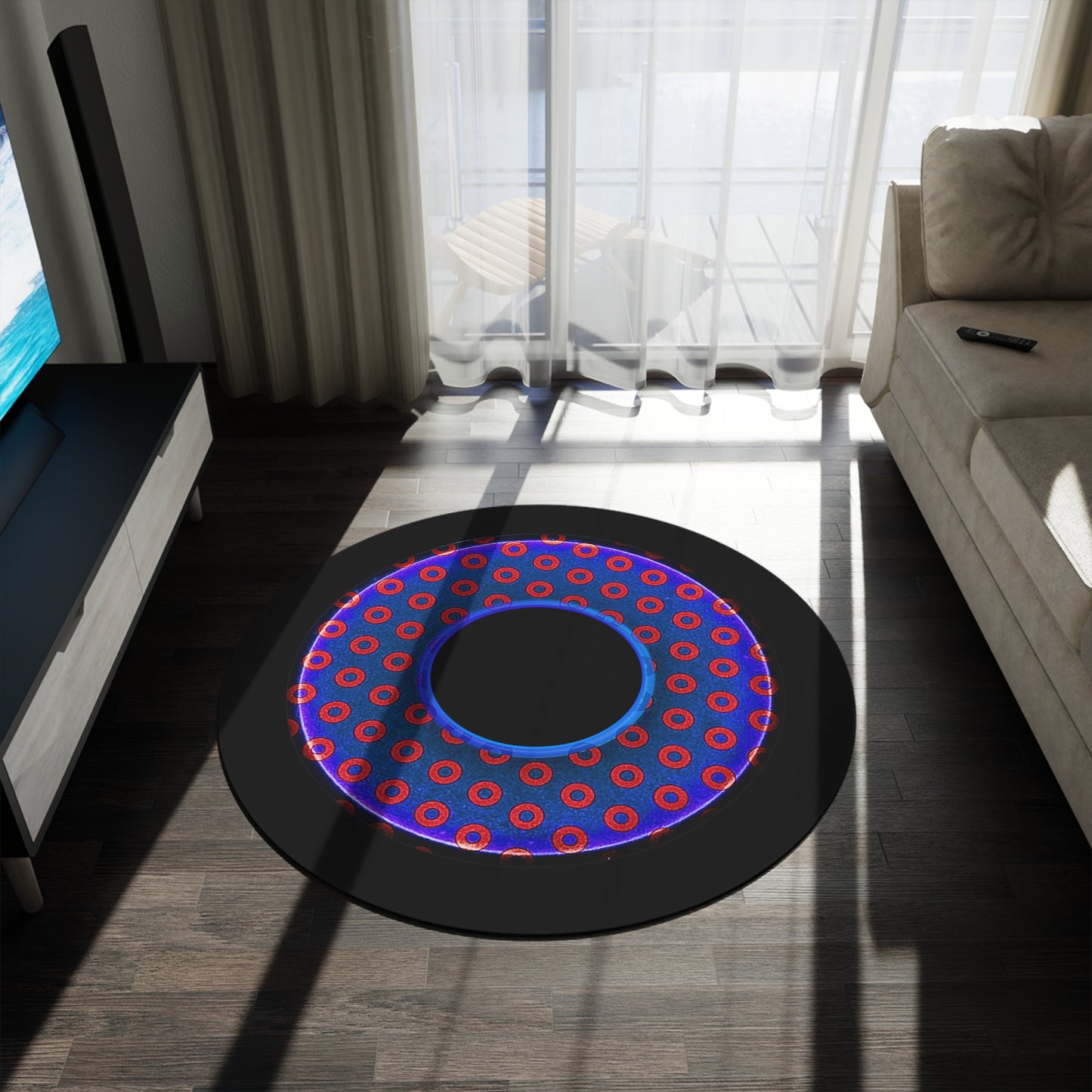 Round Room - 5 ft x 5 ft Lumpy Donut Rug - "Bling Paradox" - weathered paradoxical red/blue donut w/hole & black background