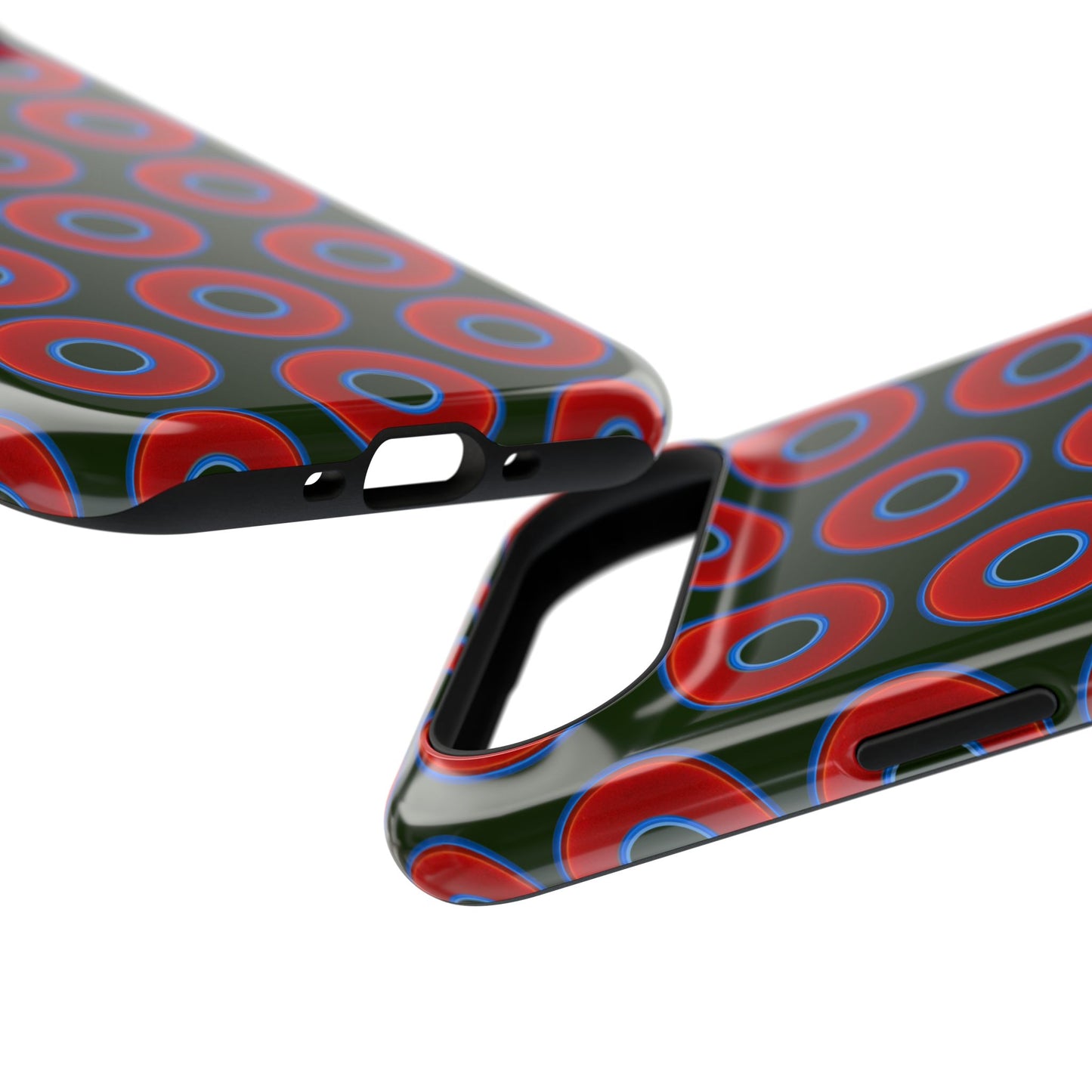 Impact-Resistant Lumpy Donut Case - red vivid donut print w/deep forest green background