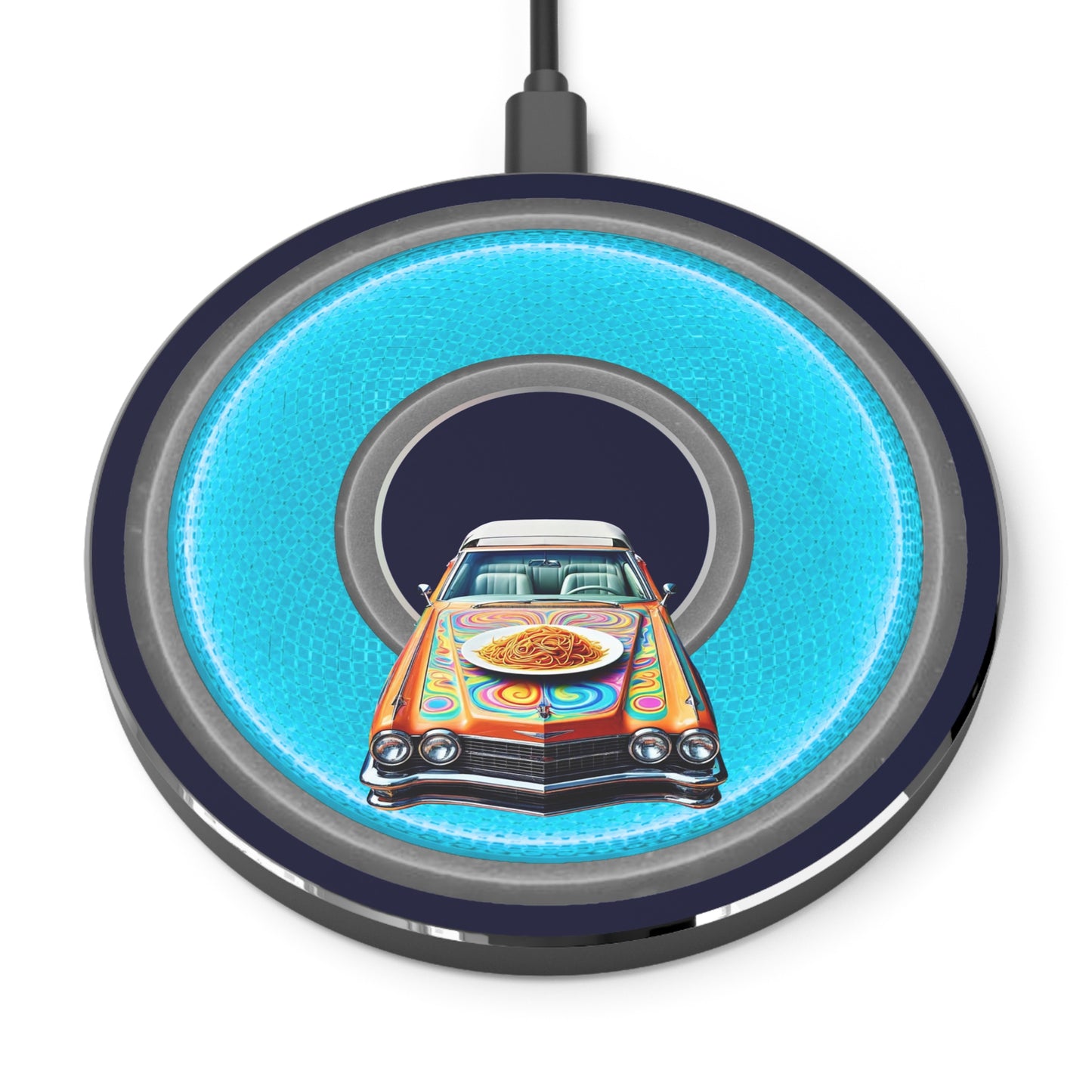 The Flow - Wireless Lumpy Donut Chargers - "Cadillac Rainbows & Charging on the Run" - rustic light blue/gray donut w/dark navy background - variant 2