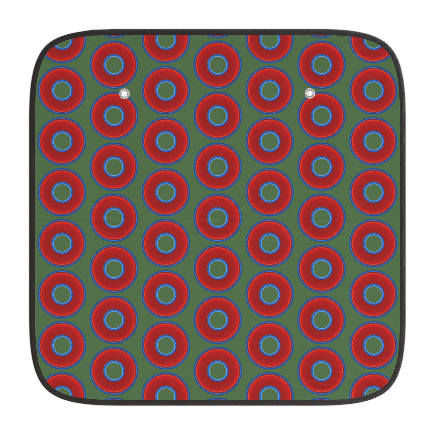 Automotive Donut Sun Shade - red vivid donuts w/dark green background