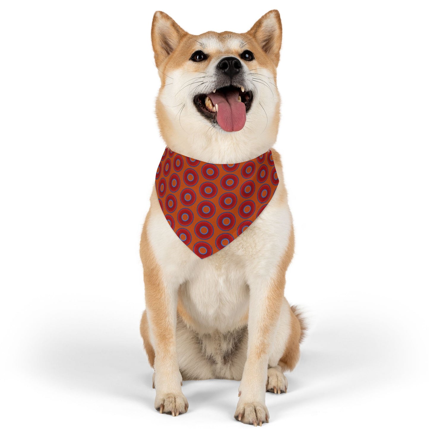 Jim's Lumpy Bandana Pet Collar - vivid red donuts w/dark orange backgound