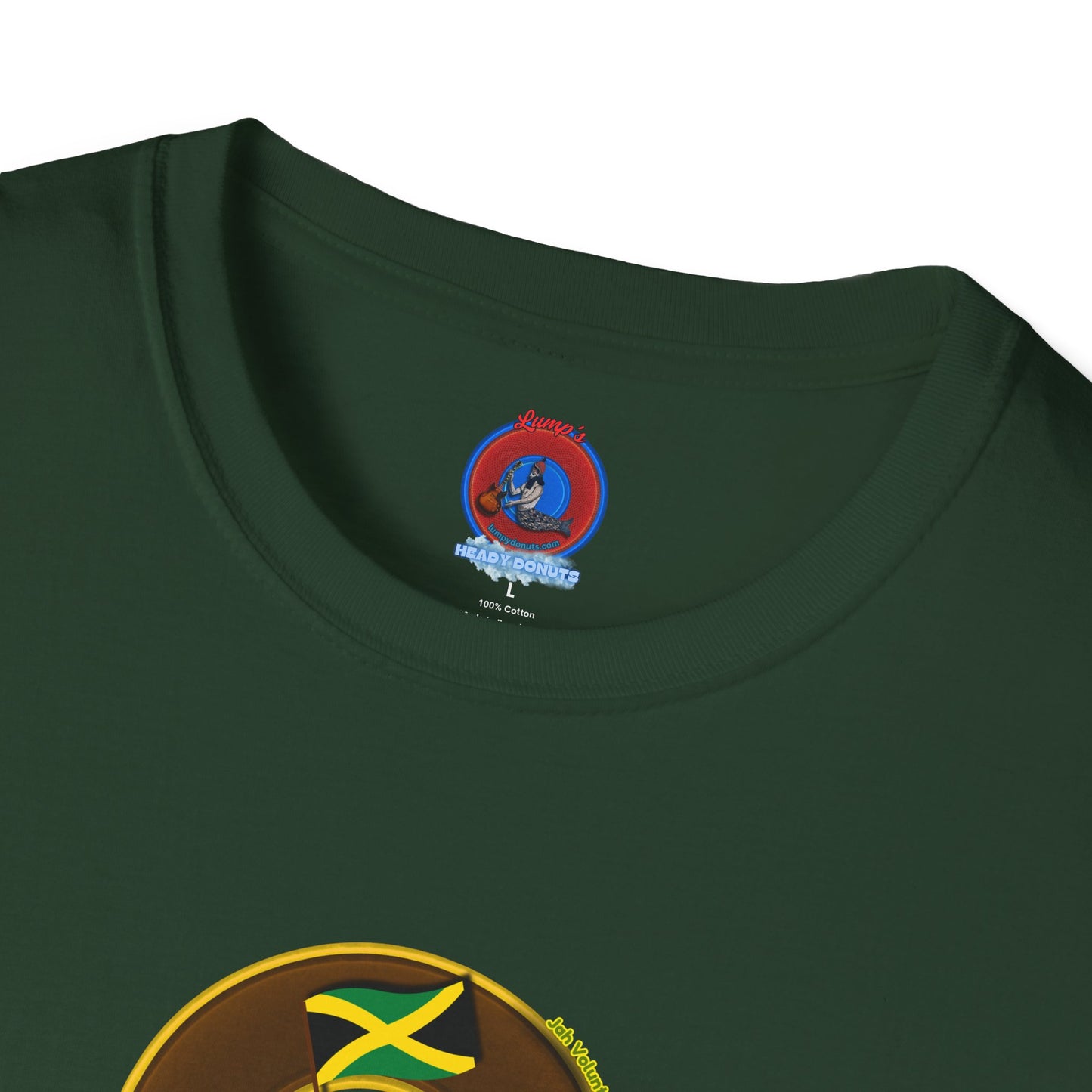 Classic Donut Tee - Unisex Soft-Style - "Jah Volunteers Protect Jah Love... and donuts!" - vivid brown/gold donut