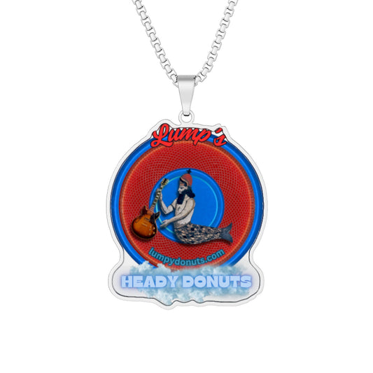 Lump's Heady Donut Necklace - 1" x 1" Stainless Steel Pendant - "Lump's Heady Logo" - rustic red/blue donut