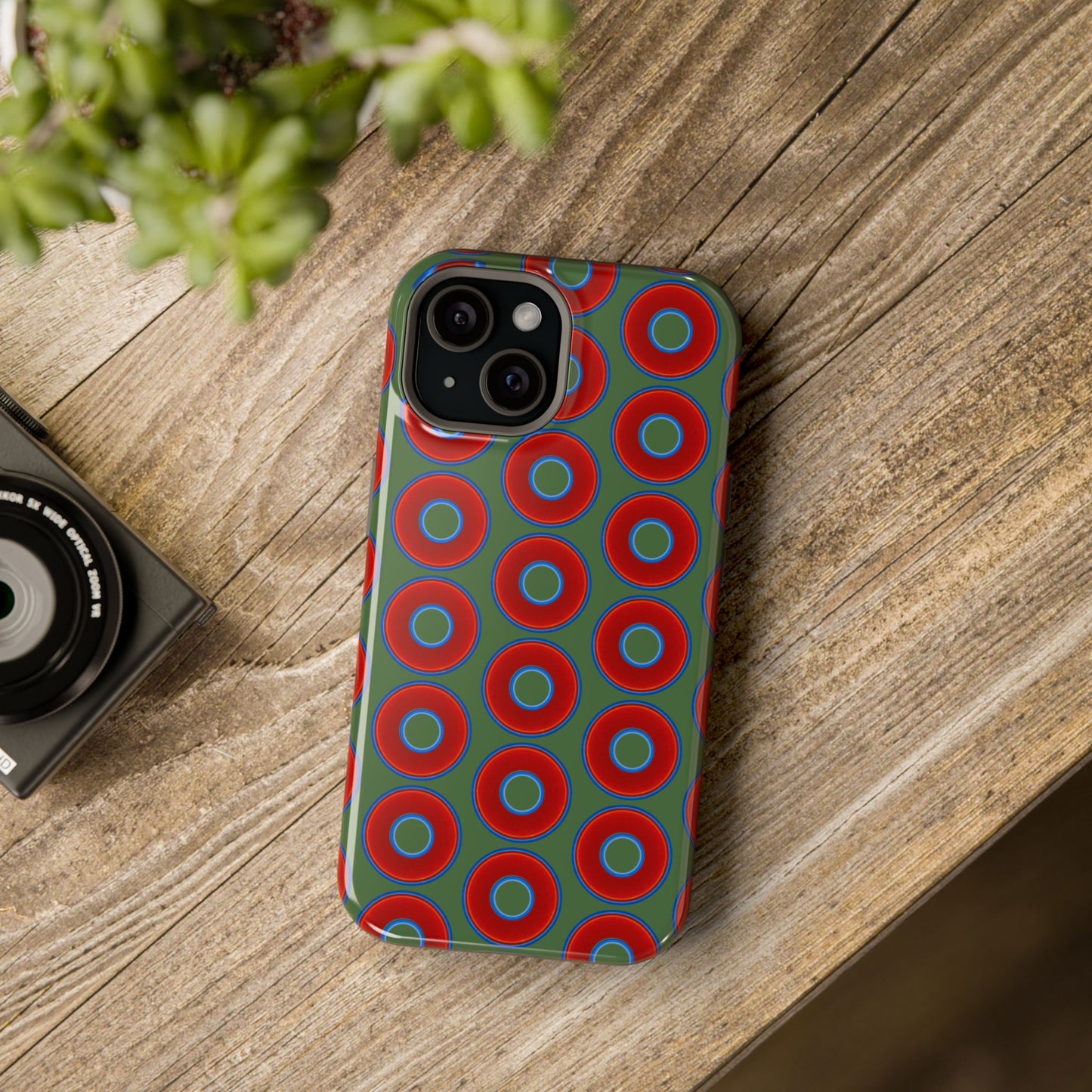 Magnetic Tough Donut Case - red vivid donut print w/dark green background