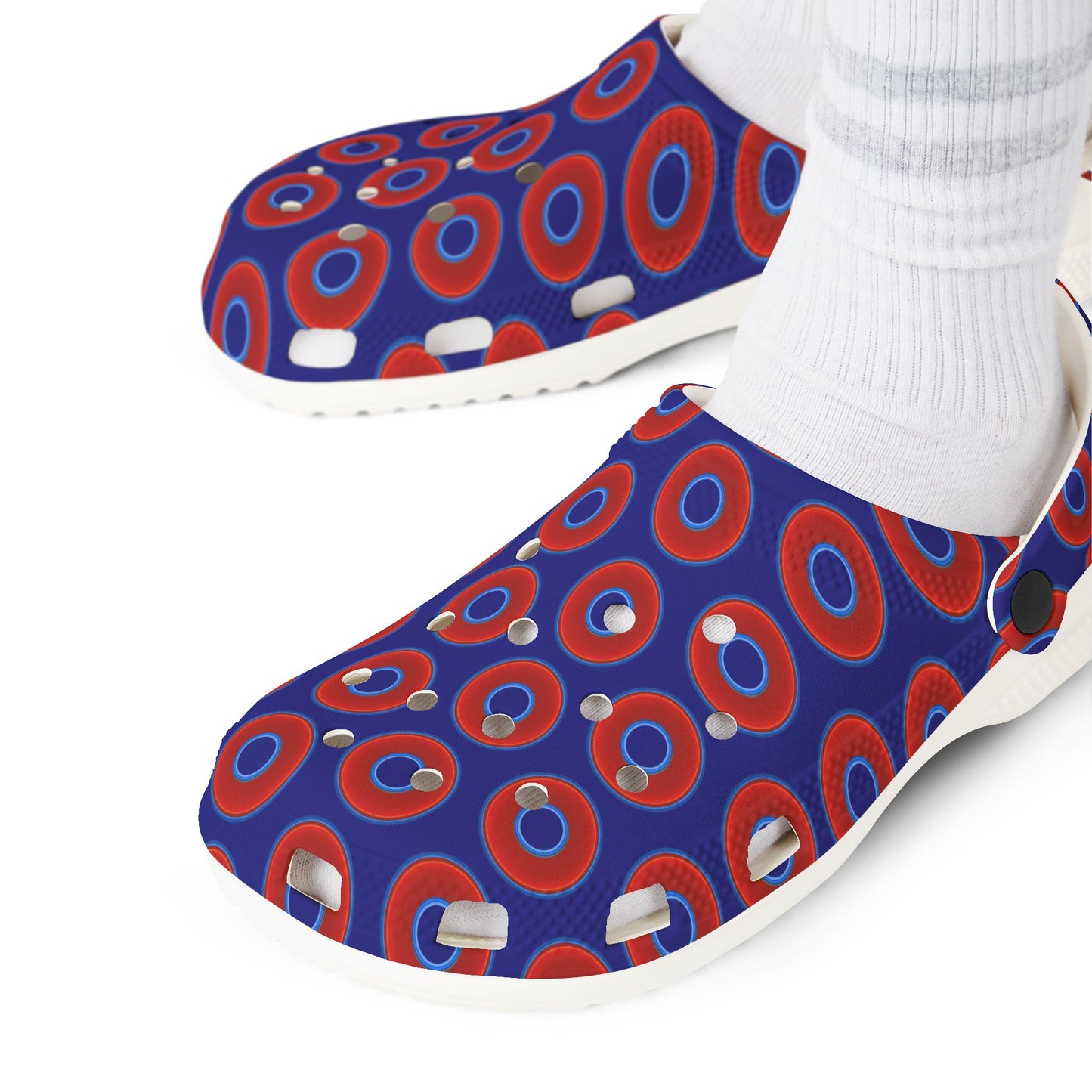 Spatchcocks - donut slip-on shoes - vivid red donuts w/vivid navy blue background [unisex]