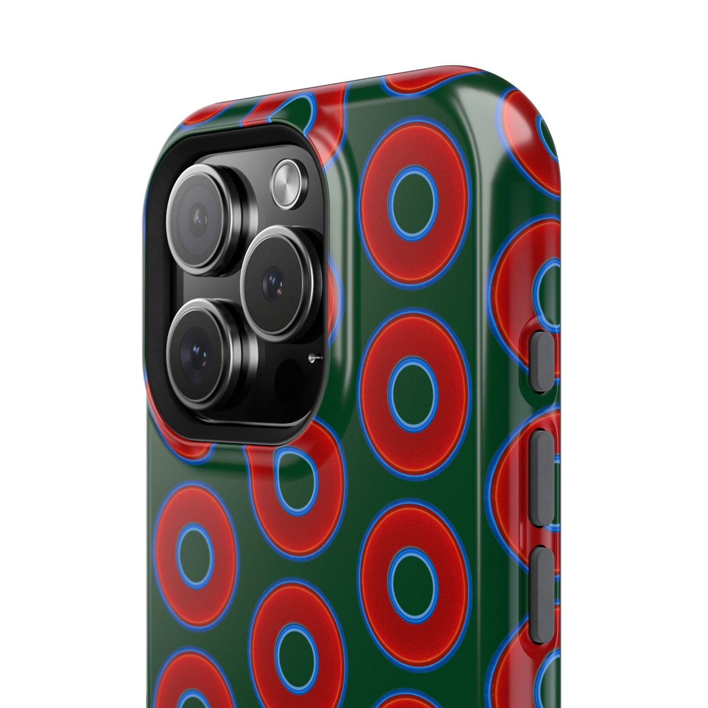 Impact-Resistant Lumpy Donut Case - red vivid donut print w/dark pond green background