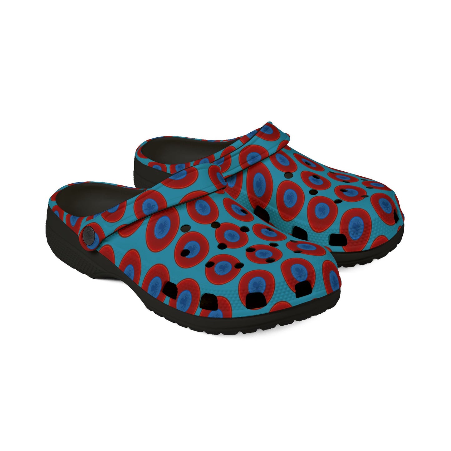 Spatchcocks - donut slip-on shoes - "Roger Moore's Octopussy Donut" - red vivid donuts w/turquoise background [unisex]