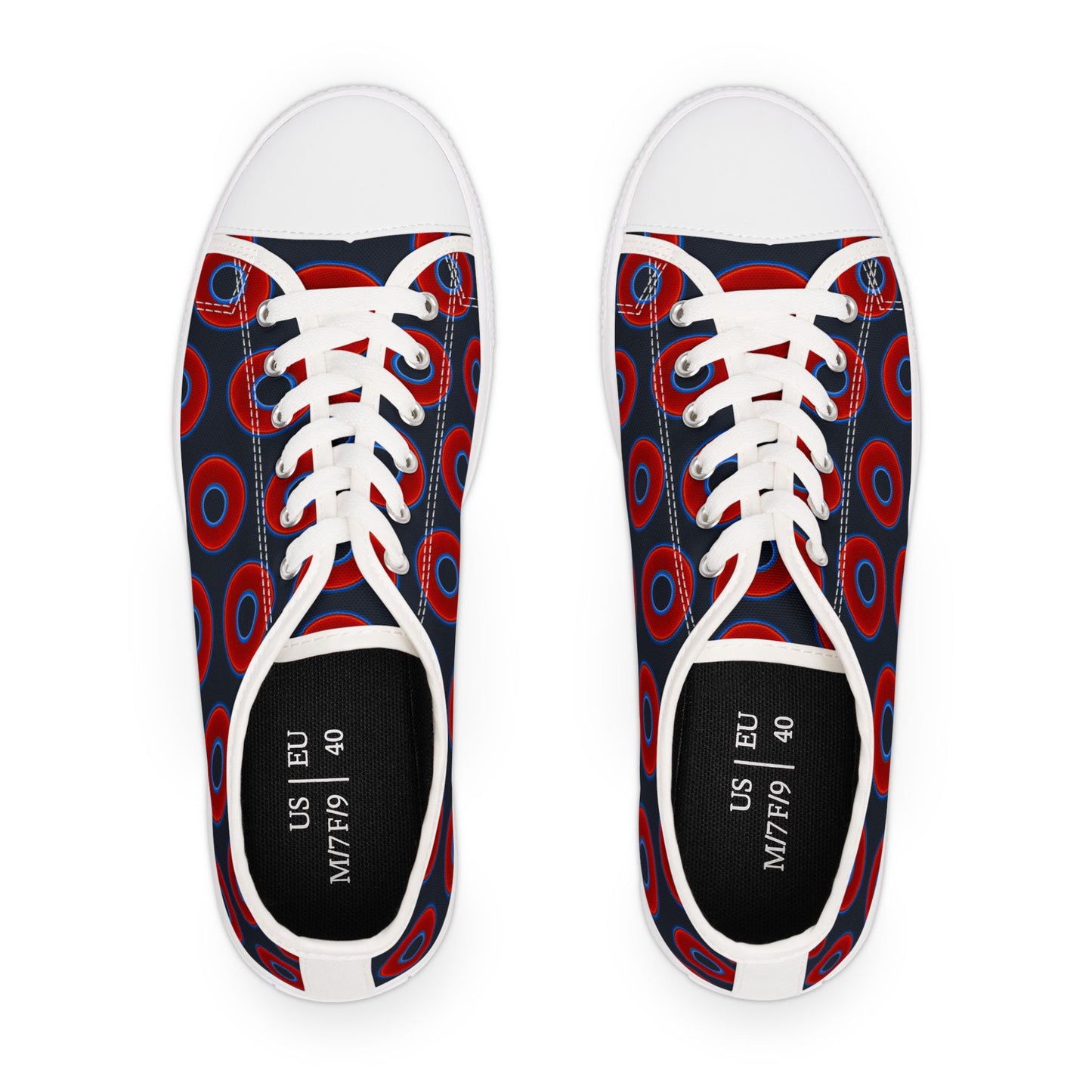 Women's - Low Top Chuck Taylors - large vivid red donut print w/dark teal elite background