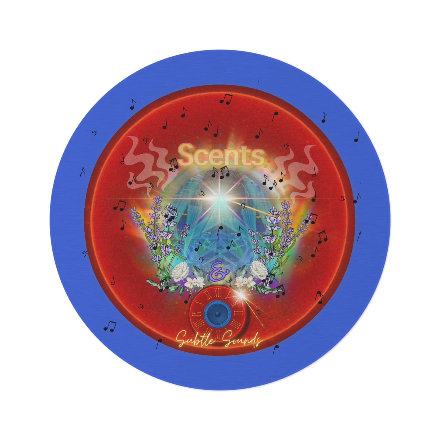 Round Room - 5 ft x 5 ft Lumpy Donut Rug - "The Scented & Subtly Delicious Donut Rug" - vivid red donut w/royal blue background