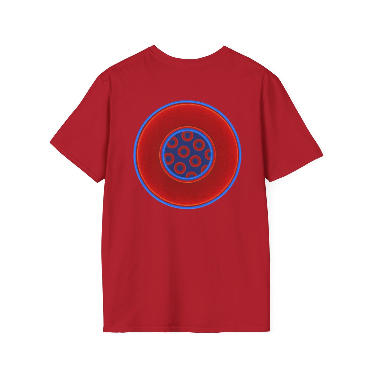 Classic Donut Tee - Unisex Soft-Style - "Portal Donut" - vivid red/blue donut  - w/navy blue - variant 2