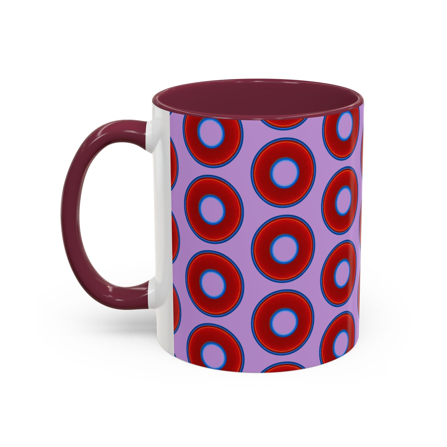 Lump's Grumpy Coffee Mug - vivid red donuts w/wisteria purple background