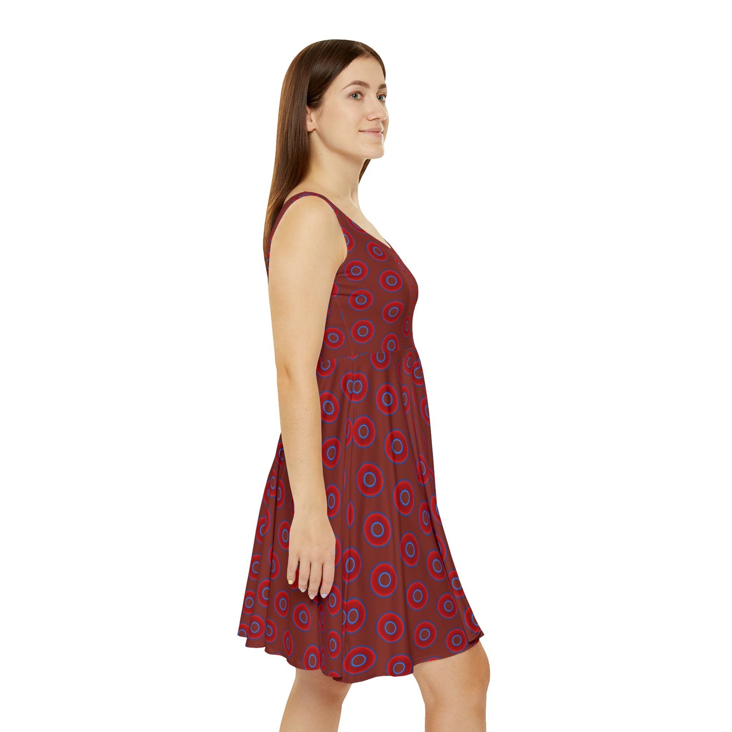 Women's Skater Donut Dress - vivid red donut print w/burnt umber background