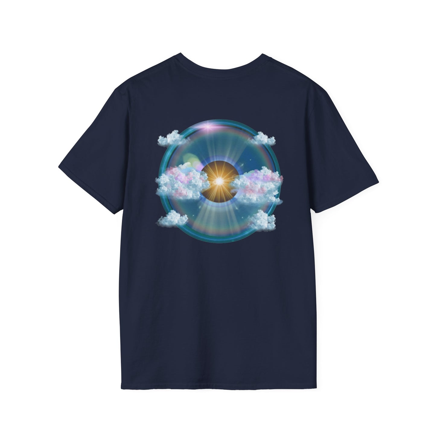 Classic Donut Tee - Unisex Soft-Style - "The Divided Donut" - variant 2 - blue donut  w/hole & sun [*50% to The Divided Sky Foundation]