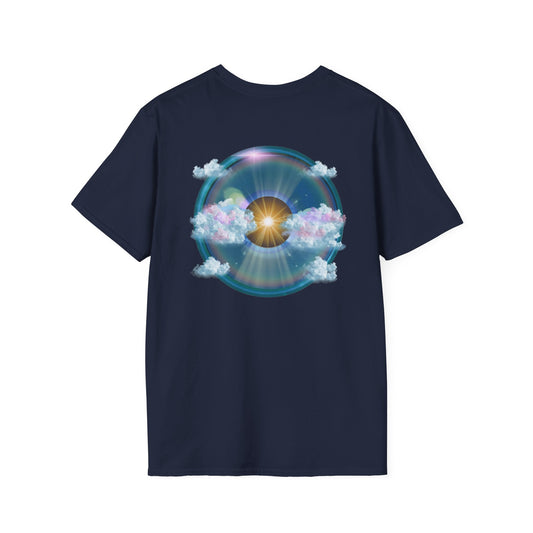 Classic Donut Tee - Unisex Soft-Style - "The Divided Donut" - variant 2 - blue donut  w/hole & sun [*50% to The Divided Sky Foundation]