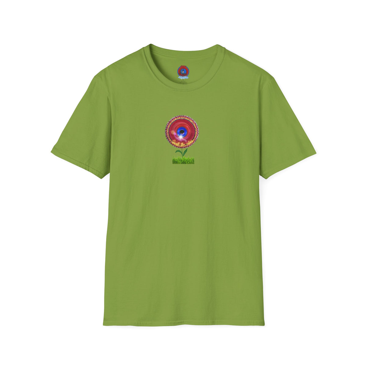 Classic Donut Tee - Unisex Soft-Style - "Smell the Donuts Outside on my Lawn"  " variant 2 - blue donut on red donut/flower