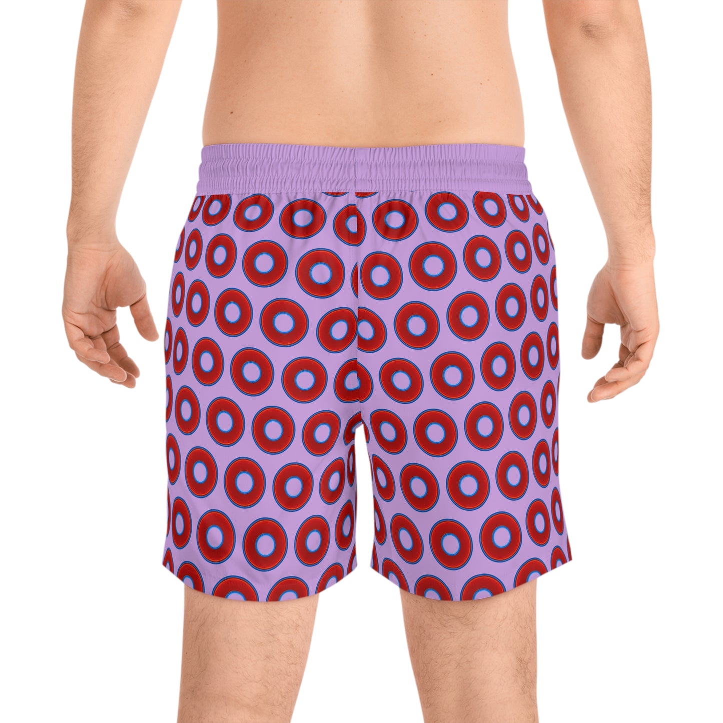 Men's Lumpy Swim Trunks - vivid red donut print w/wisteria purple background