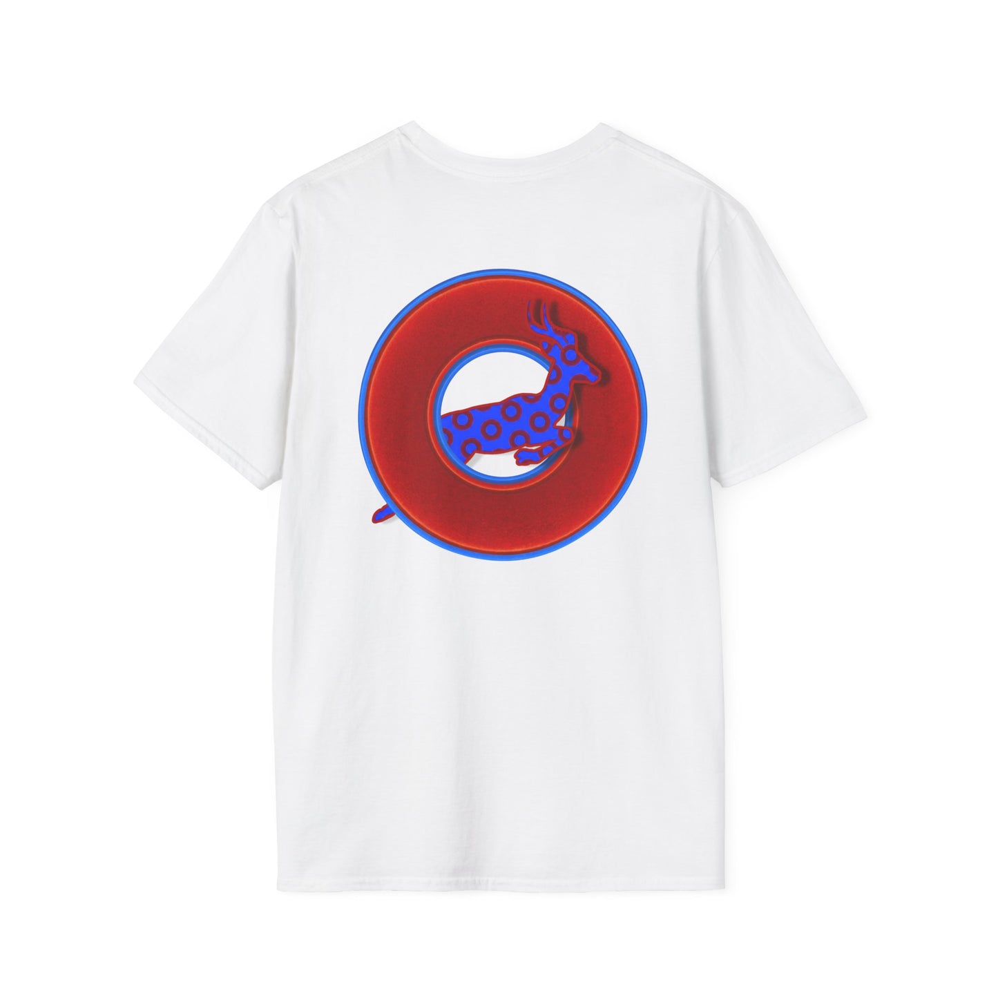 Classic Donut Tee - Unisex Soft-Style - "Out of Control Donut" - vivid red donut - variant 2 "jumping on through"