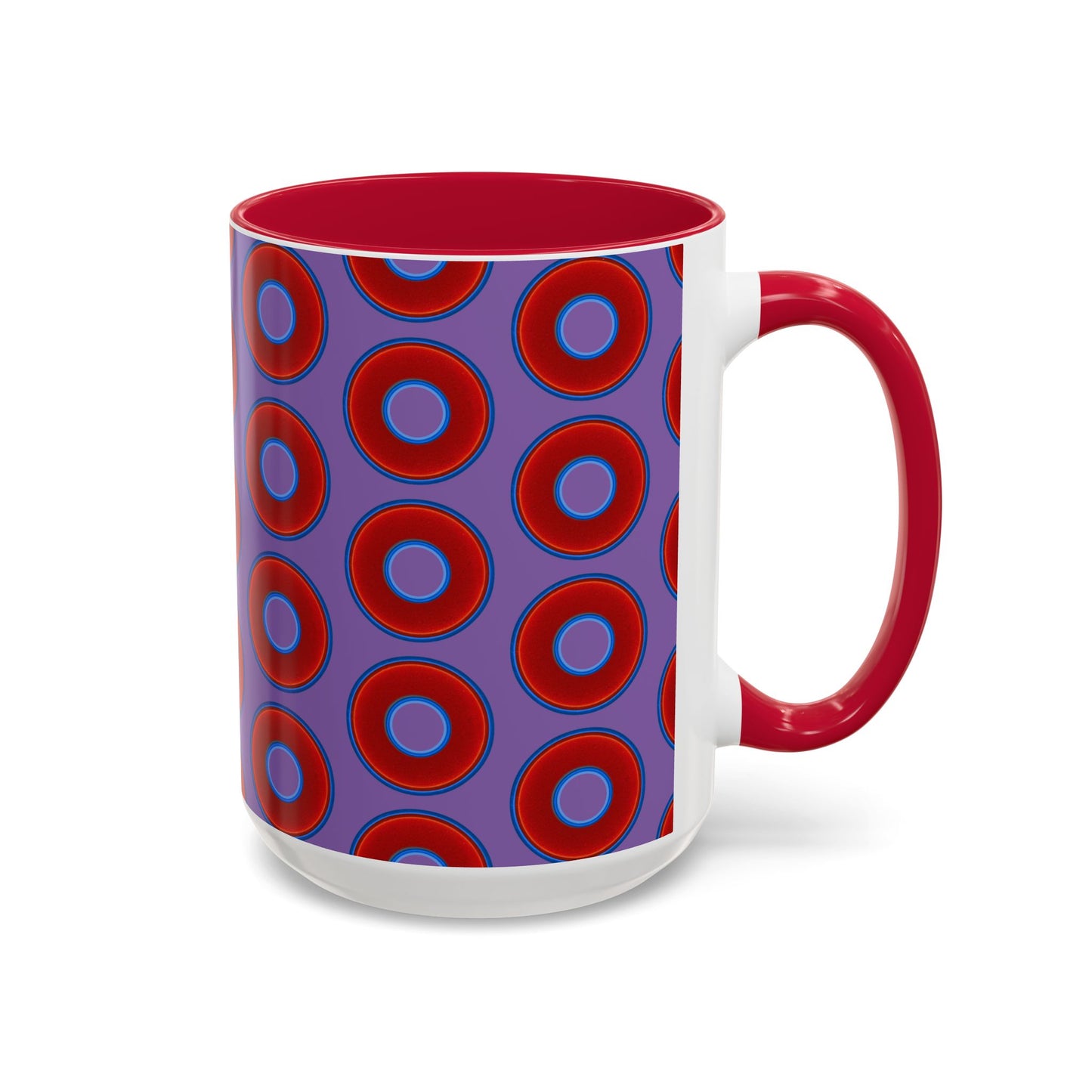 Lump's Grumpy Coffee Mug - vivid red donuts w/light purple background