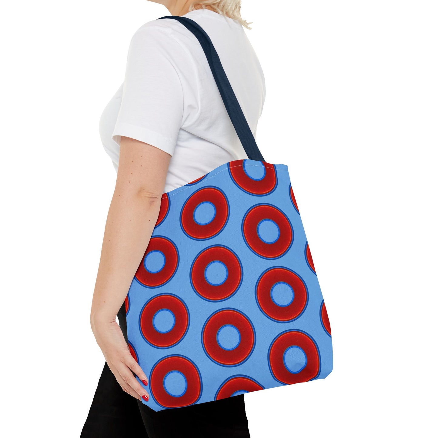Lumpy Beach/Tote Bag - red vivid donuts w/light blue background