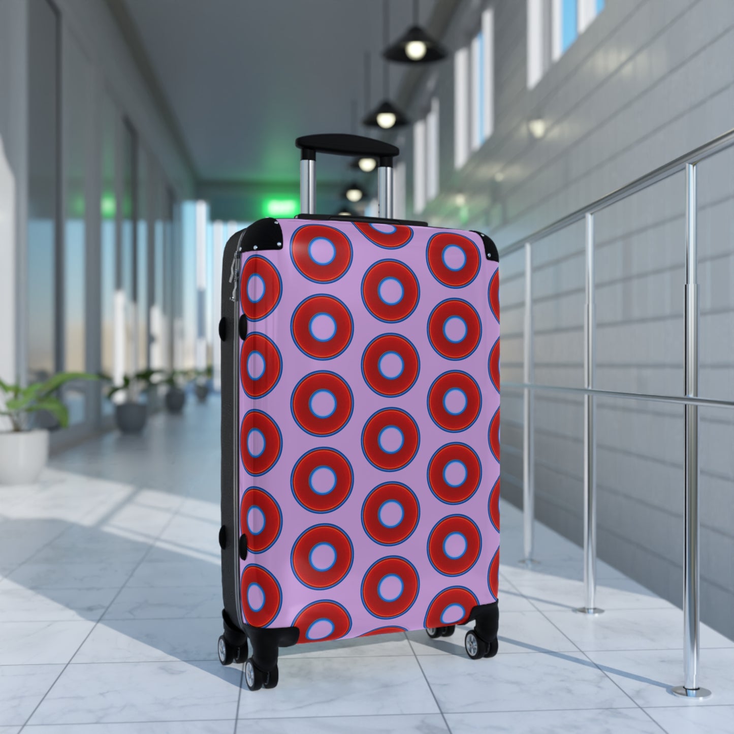 The Very Lumpy Donut Suitcase series - your choice of S, M or L - vivid red donut print w/wisteria purple background