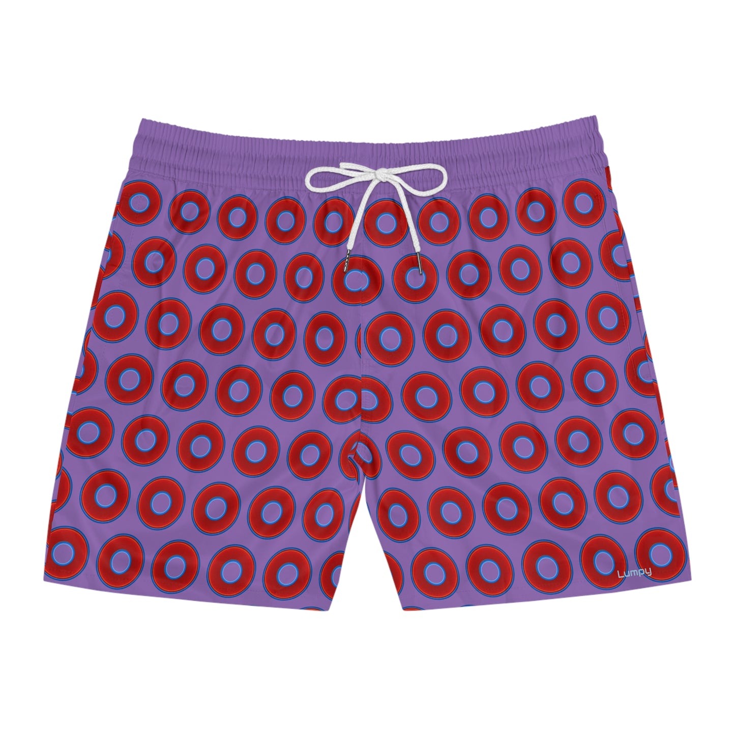 Men's Lumpy Swim Trunks - vivid red donut print w/light purple background