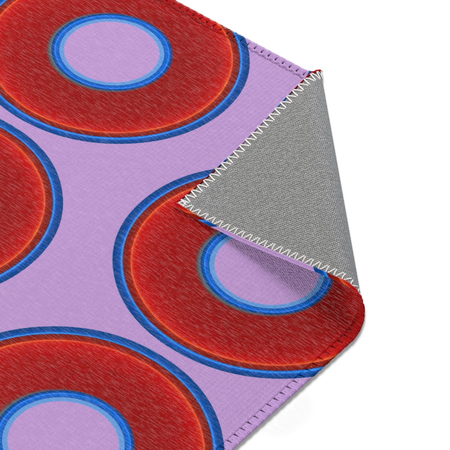 Lumpy Donut Print Rug - choice of 3 sizes - vivid red donut print w/wisteria purple background