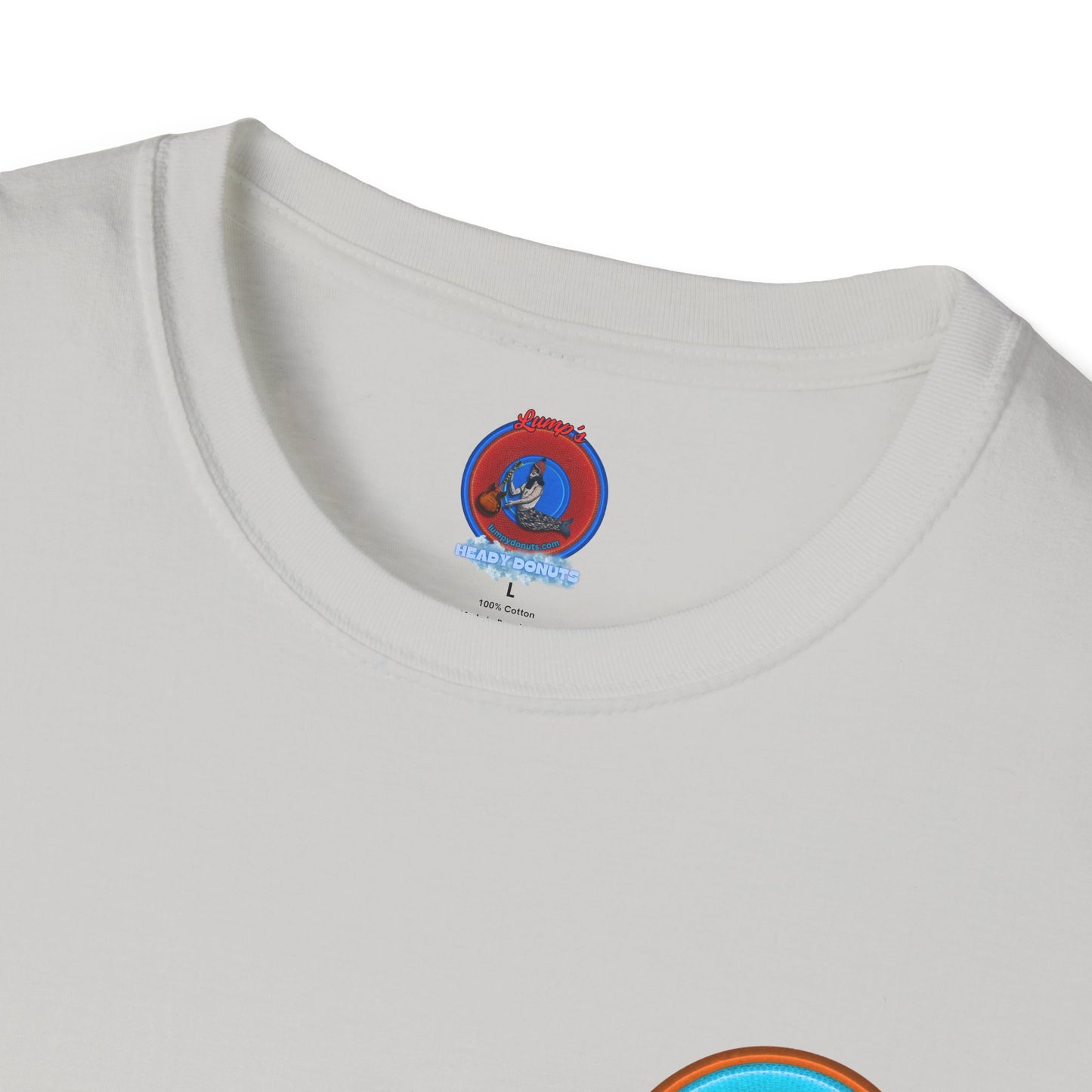 Classic Donut Tee - Unisex Soft-Style - "Cadillac Rainbow Spaghetti Incident" - series 1.0  - variant 2 - blue/orange donut