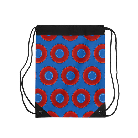 Lumpy Donut Drawstring Bag - red vivid donuts print w/dark royal blue background