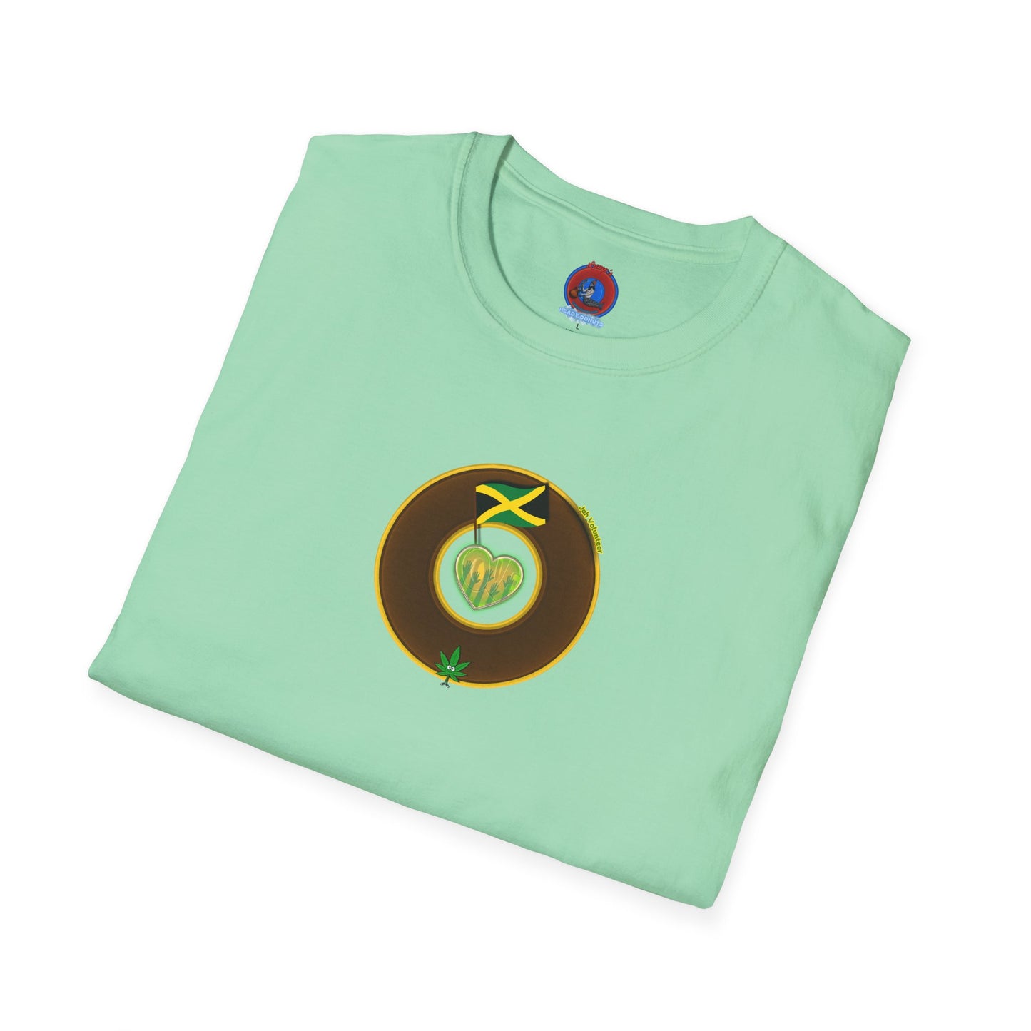 Classic Donut Tee - Unisex Soft-Style - "Jah Volunteers Protect Jah Love... and donuts!" - vivid brown/gold donut